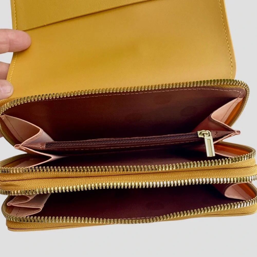 New! Nice Yellow Crossbody Wallet Clutch  Gold Metal Three Zippered Comp…